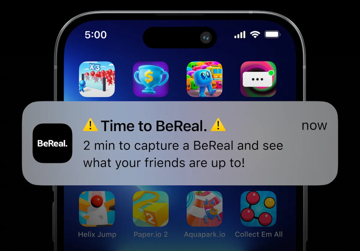 A pop-up alert from BeReal on an iPhone stating that you have 2 minutes to take a BeReal and share it with friends